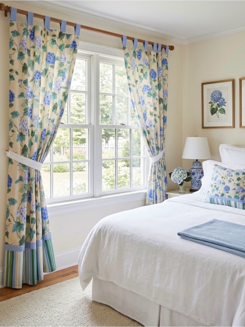 Waverly Blossom Hill Classic Floral Blue and Pale Yellow Tab Top Curtain Set.